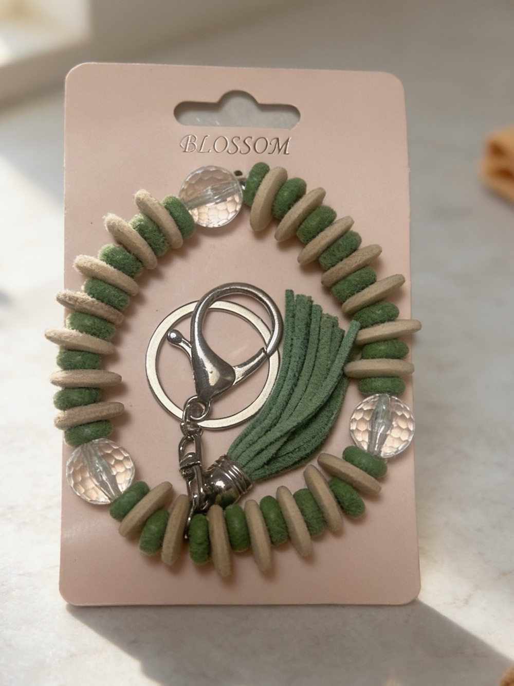 Green & Cream Suede Bead Keyring Bracelet